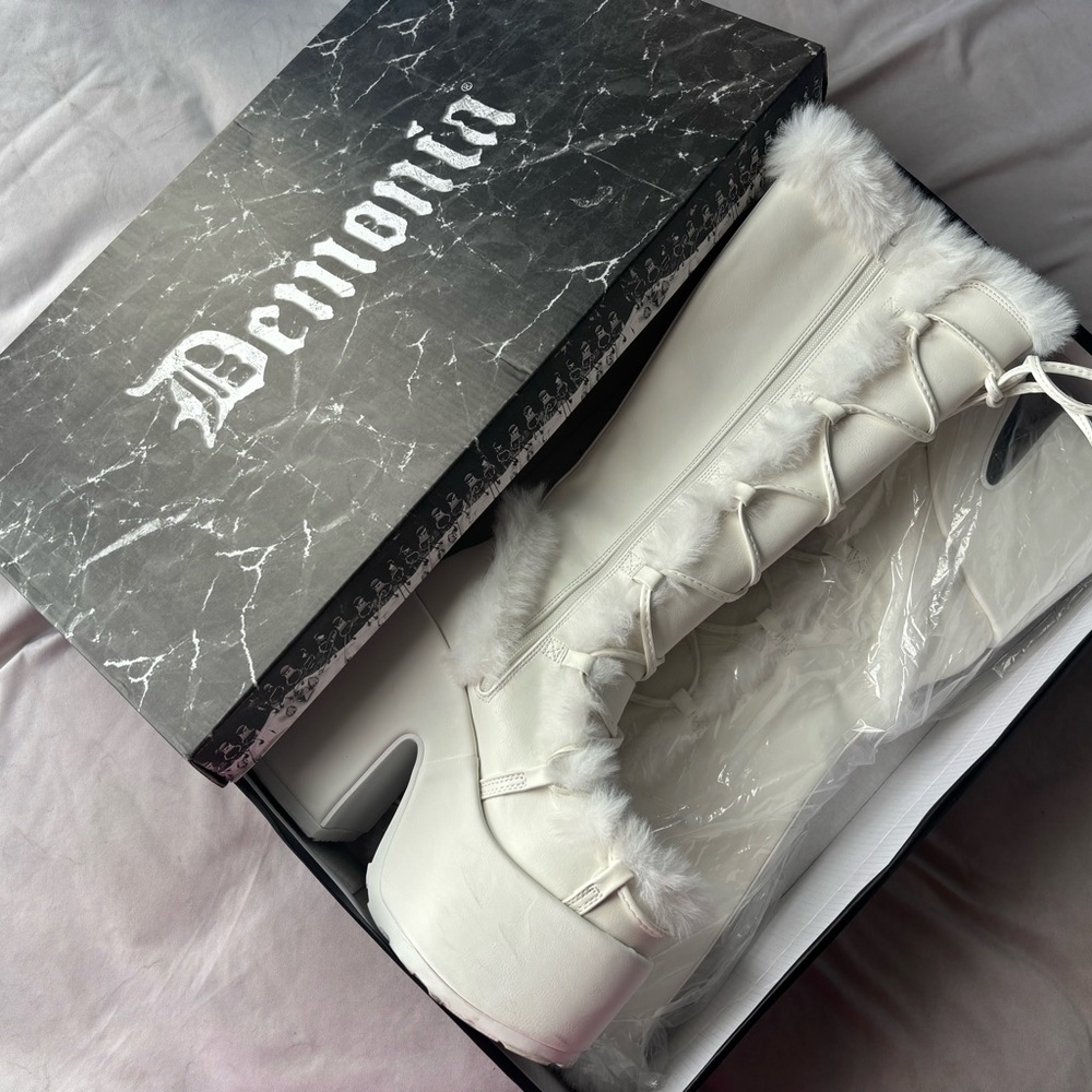 Demonia White Faux Fur Platform Boots - Picture 2 of 4
